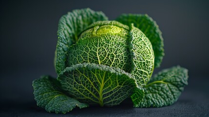   A head of lettuce with emerald green leaves against a dark backdrop, softly focused on its upper portion