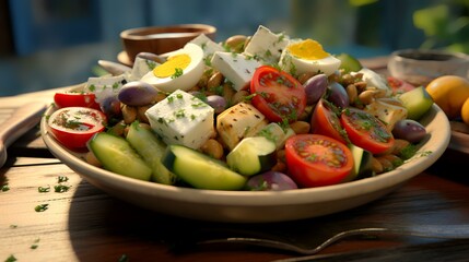Healthy salad with feta cheese, tomatoes, cucumbers and radish