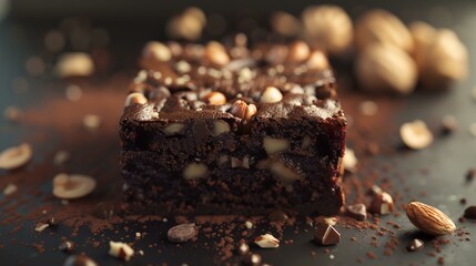 Chocolate brownie with pecans and nuts on a black background - obrazy, fototapety, plakaty