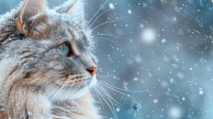   A cat up close, snowflakes dotting its face, background softly blurred