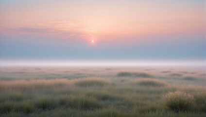 Pastel Prairie Fog, Landscape with Fog in Pastel Peach Tones, Softening the Expanse of a Prairie.
