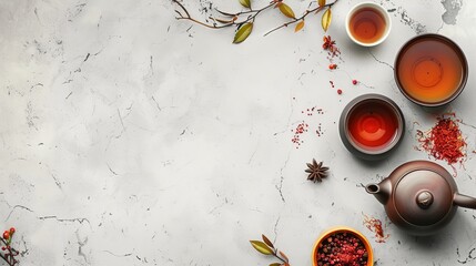A vibrant background filled with Asian culinary delights including a tea set with cups and a teapot