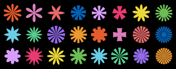 Fototapeta na wymiar A collection of simple yet striking starburst shapes in a spectrum of bold colors against a pure black backdrop, perfect for vibrant designs.
