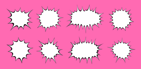 A playful series of white speech bubbles with black spiky borders, popping against a bold pink background, echoing the classic comic strip style.