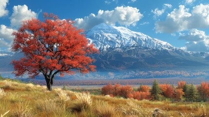   A painting of a mountain with a tree in the foreground and a blue sky adorned with clouds in the background