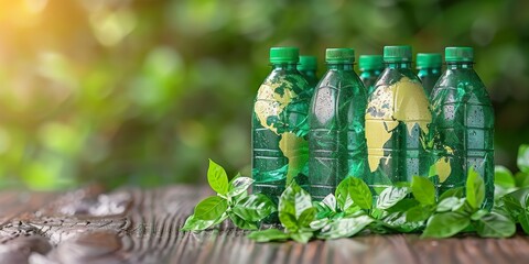 Eco-Friendly Concept with Plastic Bottles Designed with World Maps, Surrounded by Lush Greenery, Illustrating Global Environmental Awareness and the Importance of Sustainability, Generative AI