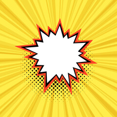 Striking comic style burst with a central star shape, outlined in orange, against a yellow background with radial lines and halftone dots.