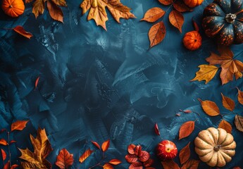 Thanksgiving & Autumn decor: leaves, pumpkin on dark bg. Flat lay, top view, copy space