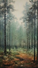 Vintage painting wallpaper forest outdoors woodland. - obrazy, fototapety, plakaty
