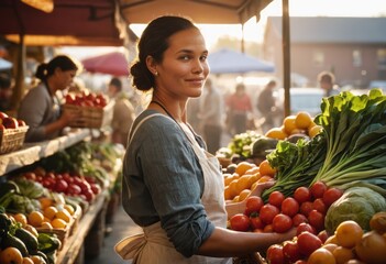 A woman sells fresh vegetables at a market. Her smile welcomes customers to a colorful display.