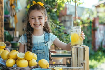 A happy girl of 12s selling lemonade in a hand-made stand in the garden in front of his house