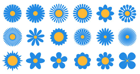 A cheerful assortment of blue flower silhouettes with golden yellow centers, each varying in petal shape and design, set against a clean white background.