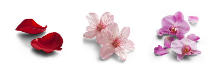 collection set of flowers of cherry blossom, orchid, frangipani, plumeria petals for bouquet and spa romantic and spring - summer bloom concepts, isolated cutout of transparent png background