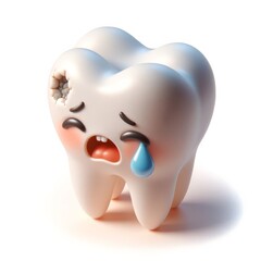 3D character of a sad, crying tooth with a cavity isolated on white background