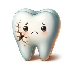 A 3D cartoon tooth with a cracked enamel with sad face isolated on white background