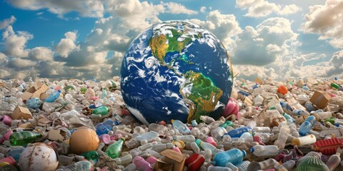 A Global Perspective on Waste Management Challenges with Earth Amidst a Landfill, Highlighting the...