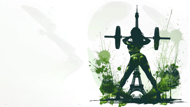 Green illustration of weightlifter athlete at olympic by eiffel tower