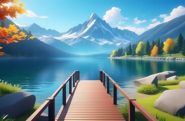 lakeside walkway with beautiful mountain scenery in the background 