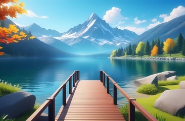 lakeside walkway with beautiful mountain scenery in the background 