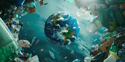 Earth Surrounded by Space Debris, Representing the Expanding Reach of Human Waste and the Need for Sustainable Environmental Practices, Generative AI
