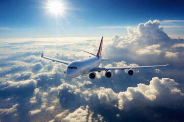 Fototapeta premium A passenger plane takes off and gains altitude .Cumulus clouds. The sun.