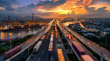 A panoramic view of a bridge filled with trucks carrying goods, captured at dusk, illustrating...