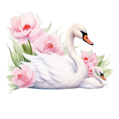 Fototapeta premium A serene watercolor painting capturing two elegant swans amidst blooming pink flowers, reflecting grace and tranquility.
