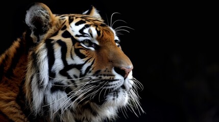   A tight shot of a tiger's face against a pitch-black backdrop, its head softly obscured by a hazy overlay