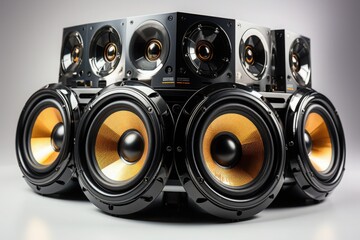 large audio music speaker on white background. acoustic system consisting of a large number of loudspeakers, line array