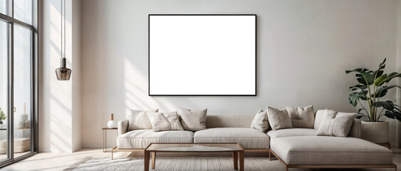 A photo of interior modern in minimalist style in one blank wall art frame, in light colors, perfect for home decor inspiration