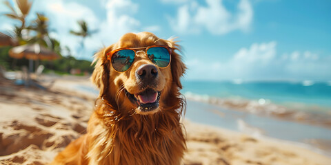 Golden retriever dog relaxing on a summer beach in Hawaii seaside resort - obrazy, fototapety, plakaty