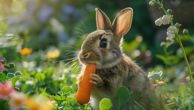 A cute rabbit sitting in a lush forest filled with colorful flowers. The rabbit is eating a carrot
