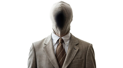 A man in a business suit with his face wrapped in cloth, wearing a tie. Photo on transparent background