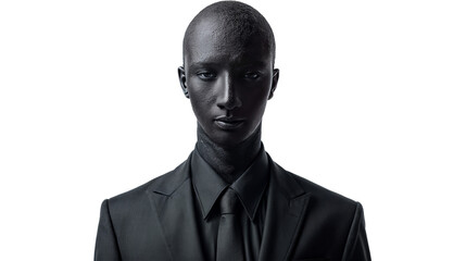 A man with dark skin and bald head, wearing a black suit and tie, looks directly into the camera. The image has a transparent background