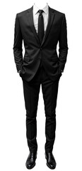 A black headless costume against a transparent background, ideal for advertising men's suits
