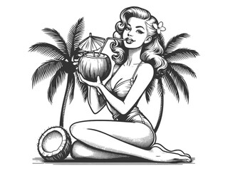 1950s pin-up girl sipping a drink from a coconut, summer vibes and retro charm sketch engraving generative ai fictional character vector illustration. Scratch board imitation. Black and white image. - 795745931