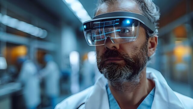 Male surgeon using AR glasses to view medical charts in hightech hospital. Concept Healthcare Technology, Augmented Reality, Medical Innovation, Surgeon Tools, High-Tech Hospital