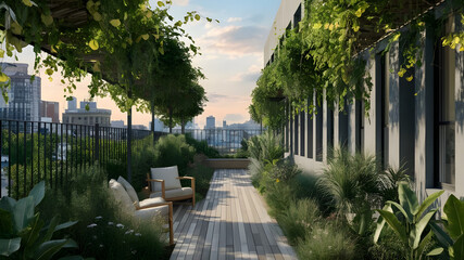 A lush urban oasis thrives on a rooftop, providing a green escape within the dense residential architecture of a city neighborhood
