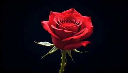 Single deep scarlet red rose macro close-up on dark black background