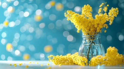   A table holds a vase filled with yellow flowers Adjacent to it, another glass vase is filled with the same sunny blooms