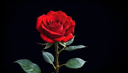 Single deep scarlet red rose macro close-up on dark black background - obrazy, fototapety, plakaty