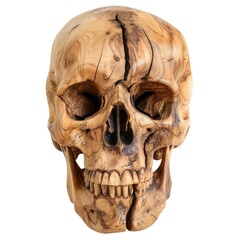Wood texture skull white background anthropology sculpture.