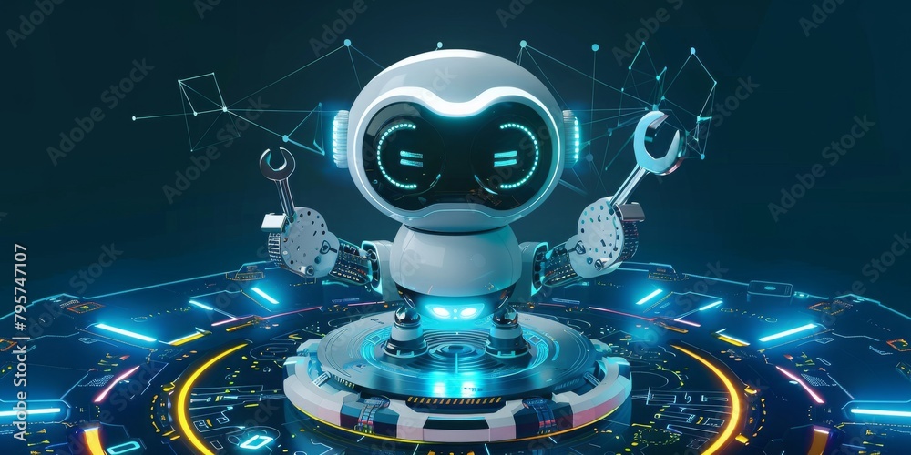 Poster a friendly robot offering technological assistance and repair services, symbolizing the advance of a