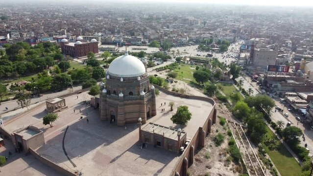 Ariel View of Tomb of Hazrat Shah Rukn-e-Alam in Multan The City Of Saints. The Tomb of Shah Rukn-e-Alam located in Multan, Punjab, Pakistan.  14th century Punjabi Sufi saint.