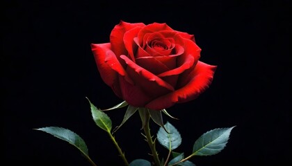 Single deep scarlet red rose macro close-up on dark black background