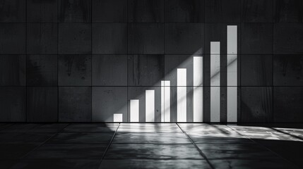 A bar chart projected on a wall, shadowed except for a slight uptick highlighted by a shaft of light, symbolizing cautious optimism