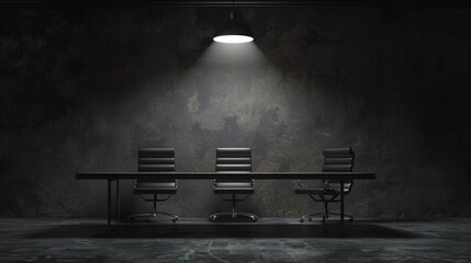 A dimly lit conference room with a single light over an empty leadership seat, representing the vacuum in guidance during tough times