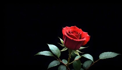 Single deep scarlet red rose macro close-up on dark black background