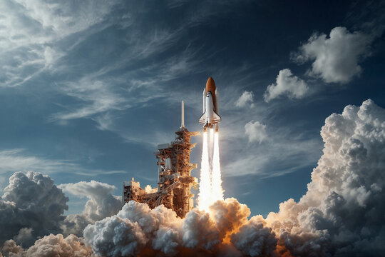The Shuttle rocket rises into the sky. Space flights.