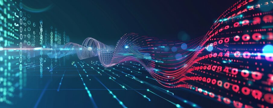 Abstract digital data flow with binary code and sound waves background illustration, symbolizing technology Generative AI